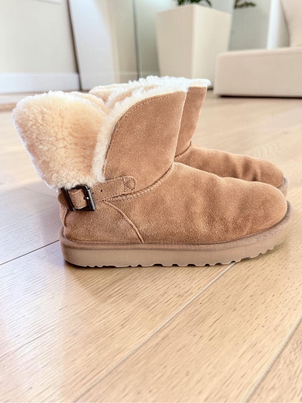 UGG Karel Chestnut Suede Shearling Lined Boots with buckle